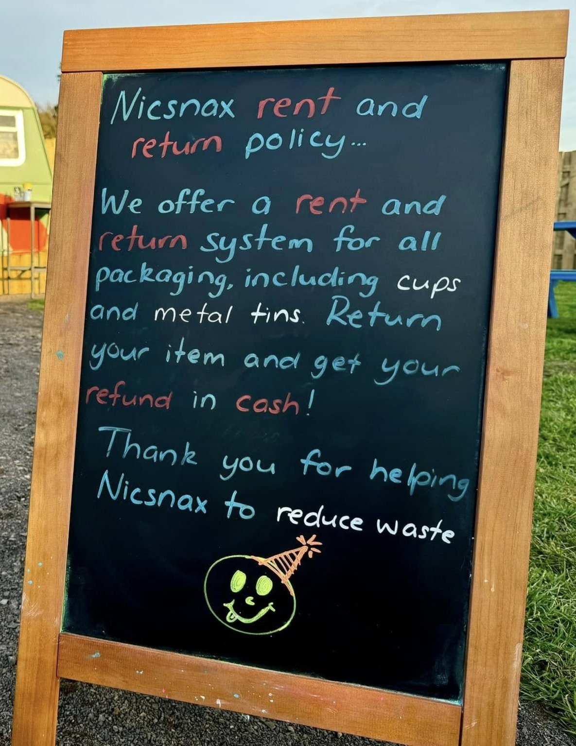 Nicsnax chalkboard sign about reducing waste