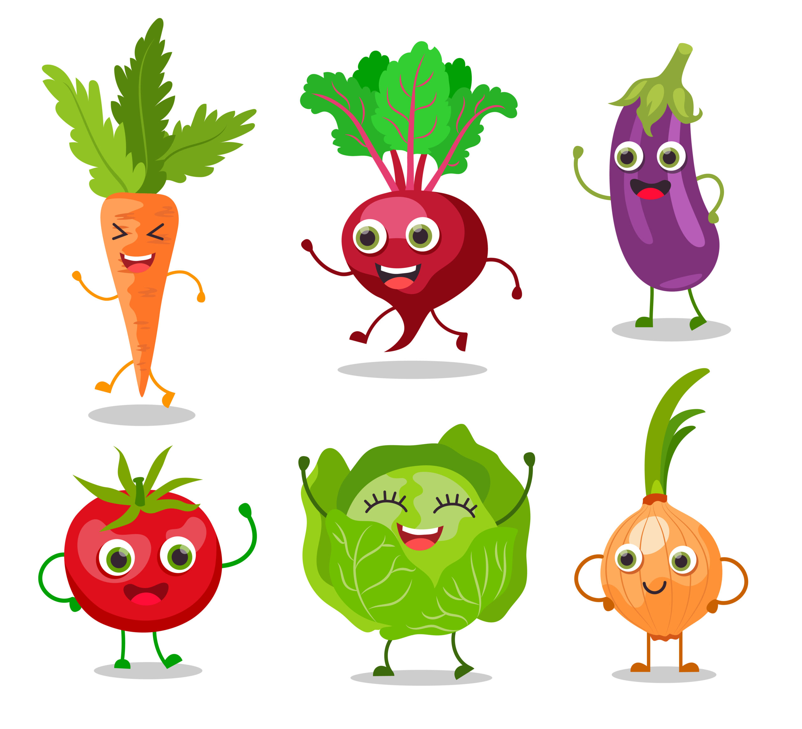 Happy looking Vegetables, with faces, running around.